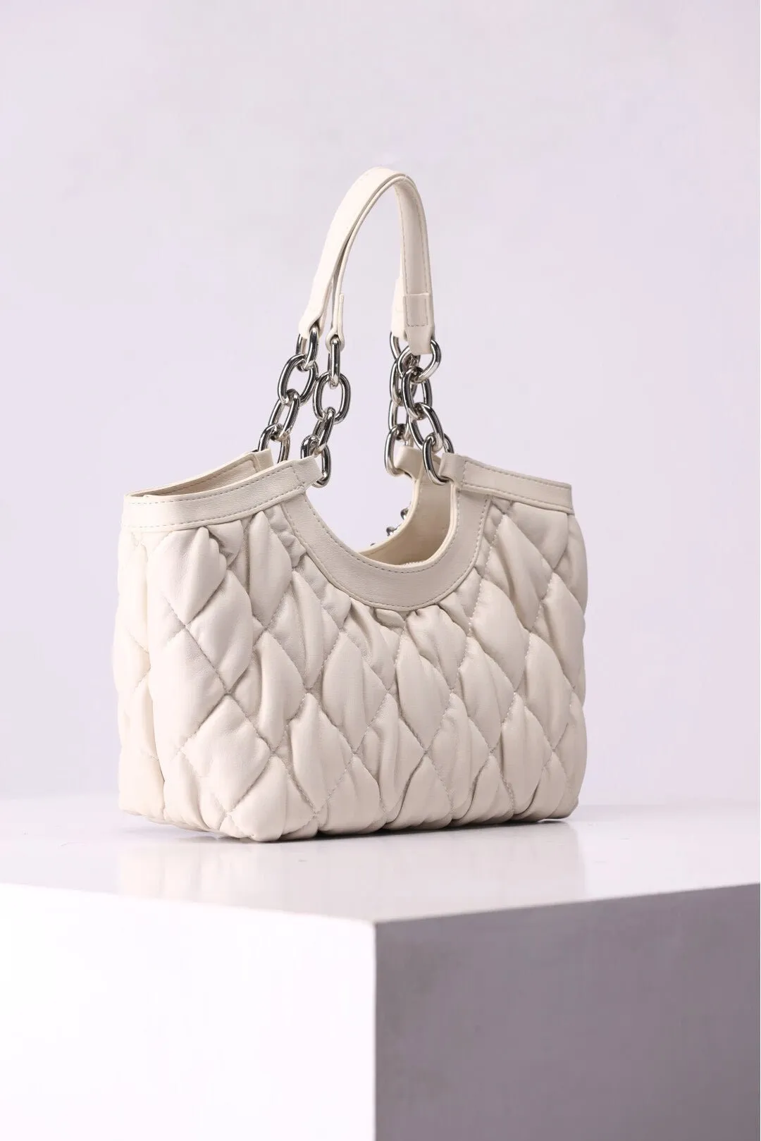 1 Piece Rhombus Pleated Premium Leather Tote Bag