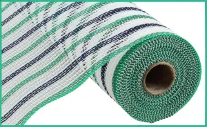 10.25"X10Yd Faux Jute Stripe Mesh  White/Emerald/Navy  RY8338CC