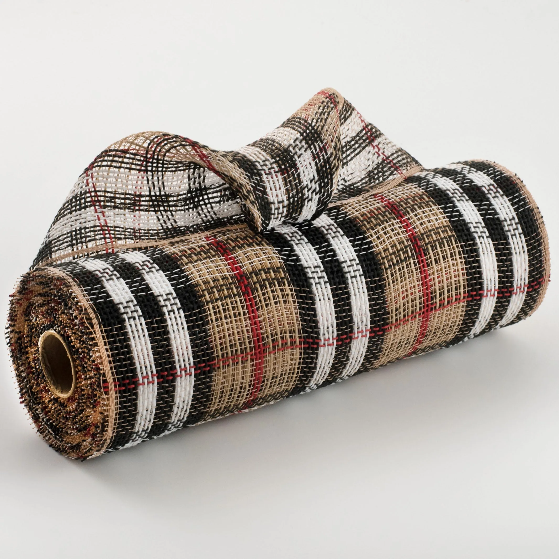 10" Jute Luxury Plaid Mesh: Tan, Black, White, Red