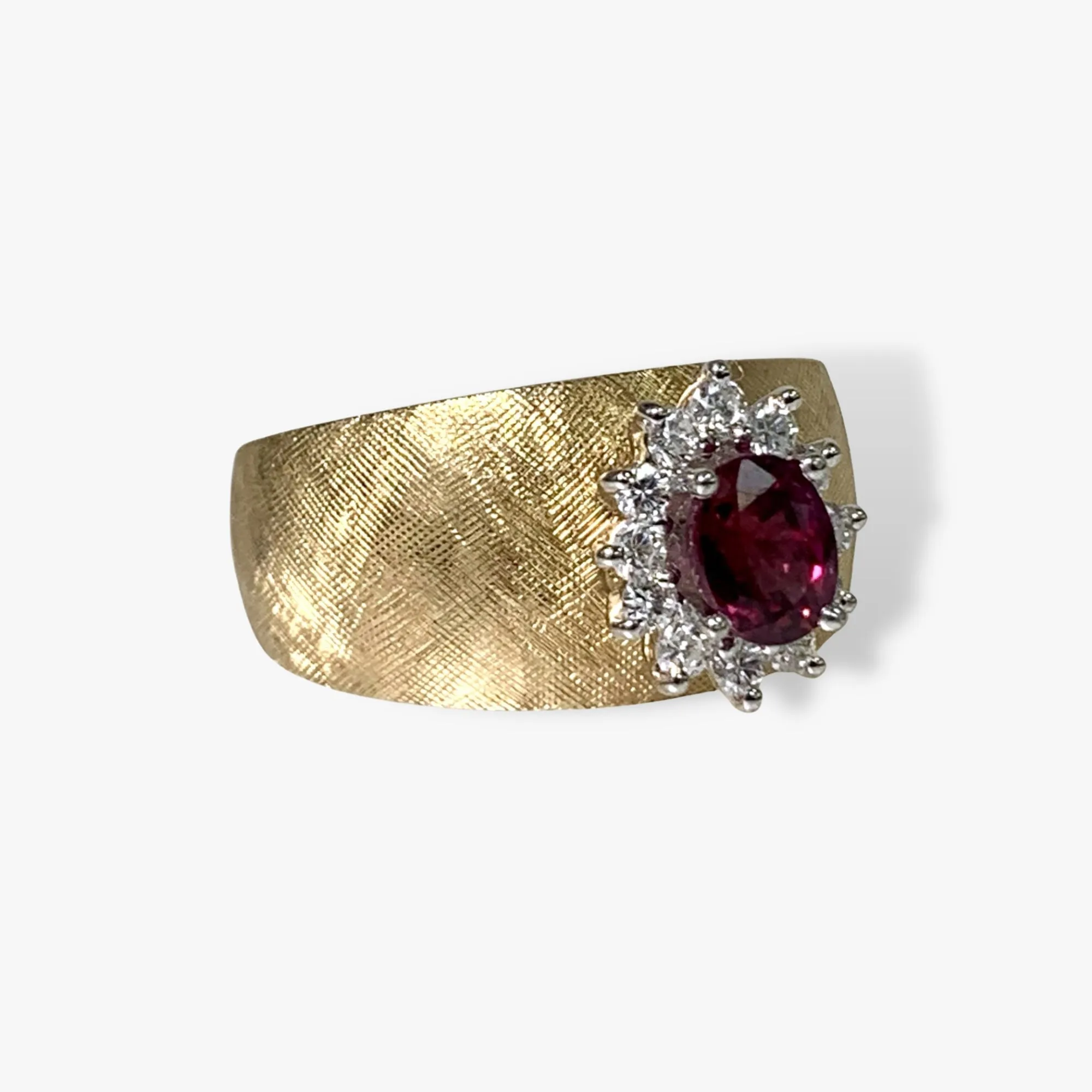 14k Florentine Finish Yellow Gold Oval Cut Ruby Diamond Halo Vintage Ring