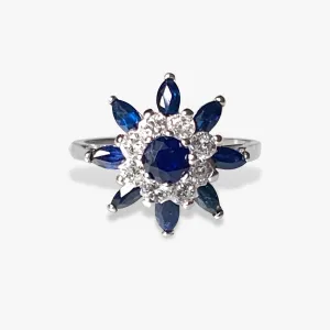 14k White Gold Blue Sapphire and Diamond Flower Ring