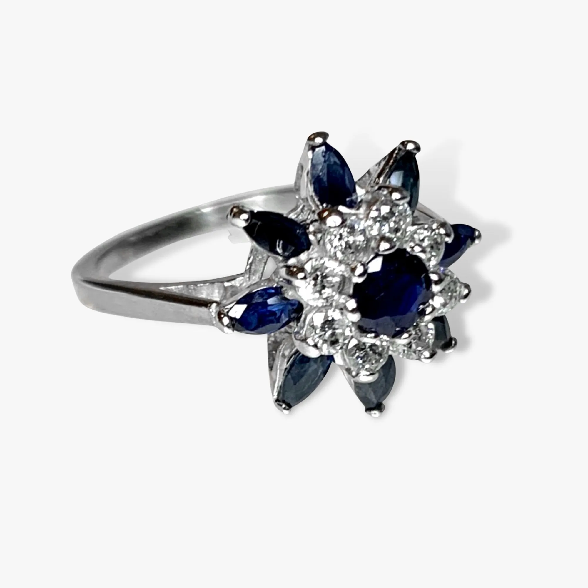 14k White Gold Blue Sapphire and Diamond Flower Ring
