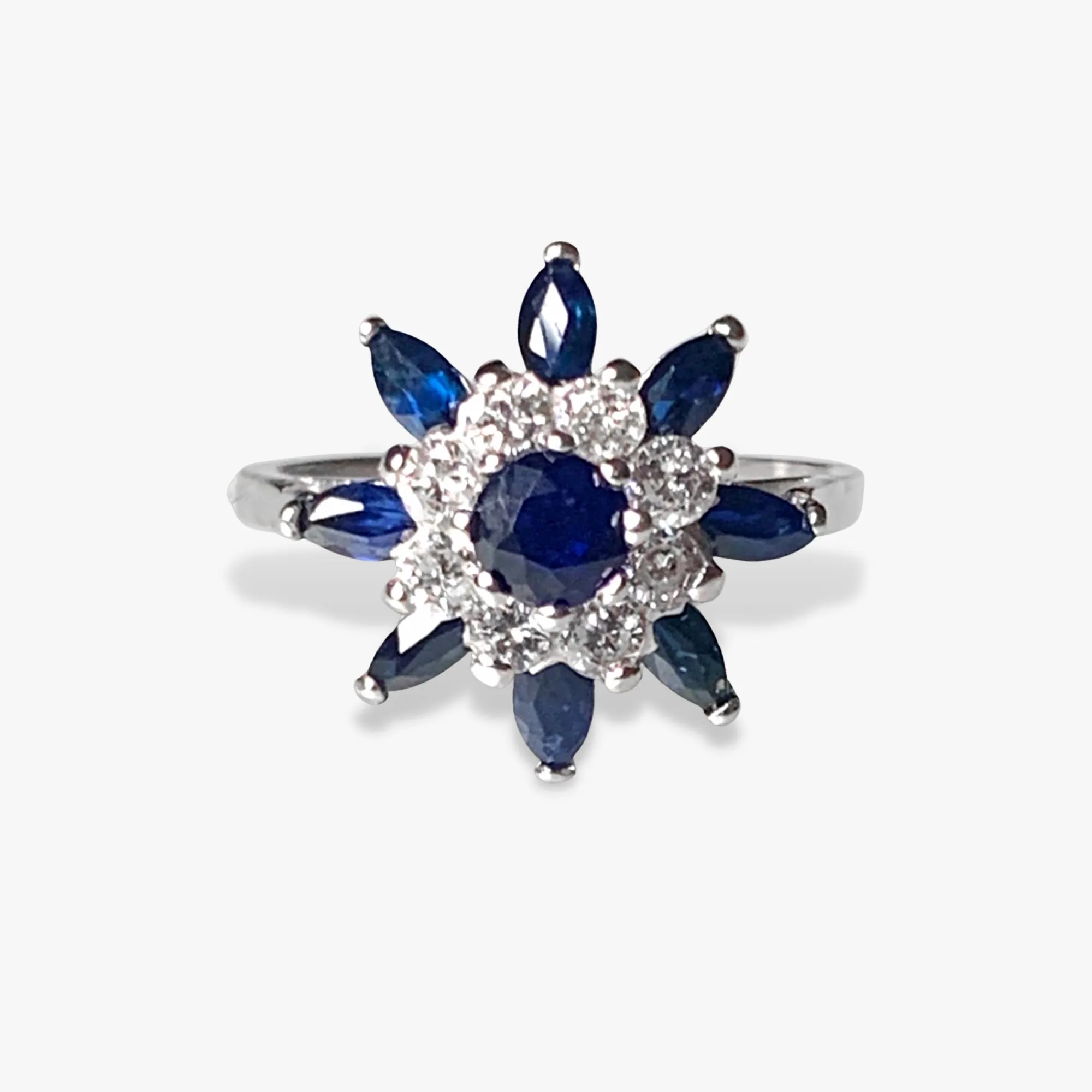 14k White Gold Blue Sapphire and Diamond Flower Ring