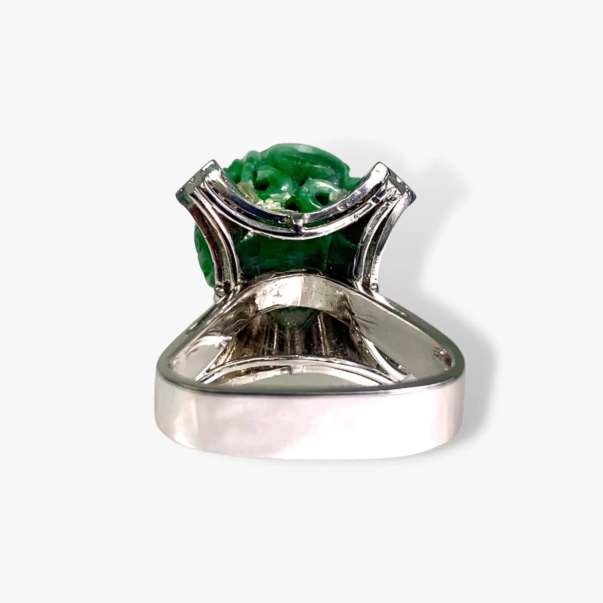 14k White Gold Carved Green Jade and Diamond Vintage Ring