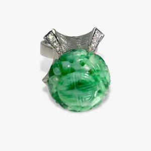 14k White Gold Carved Green Jade and Diamond Vintage Ring