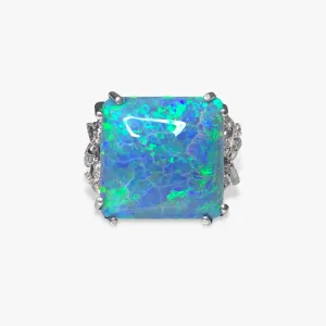 14k White Gold Cushion-Shaped Black Opal Diamond Ring