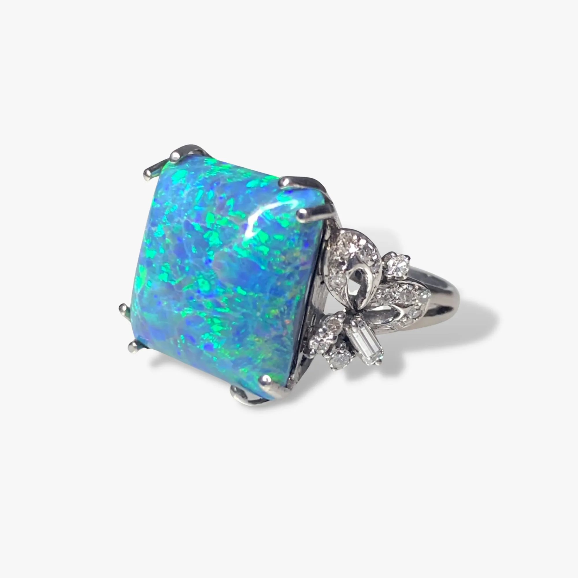 14k White Gold Cushion-Shaped Black Opal Diamond Ring