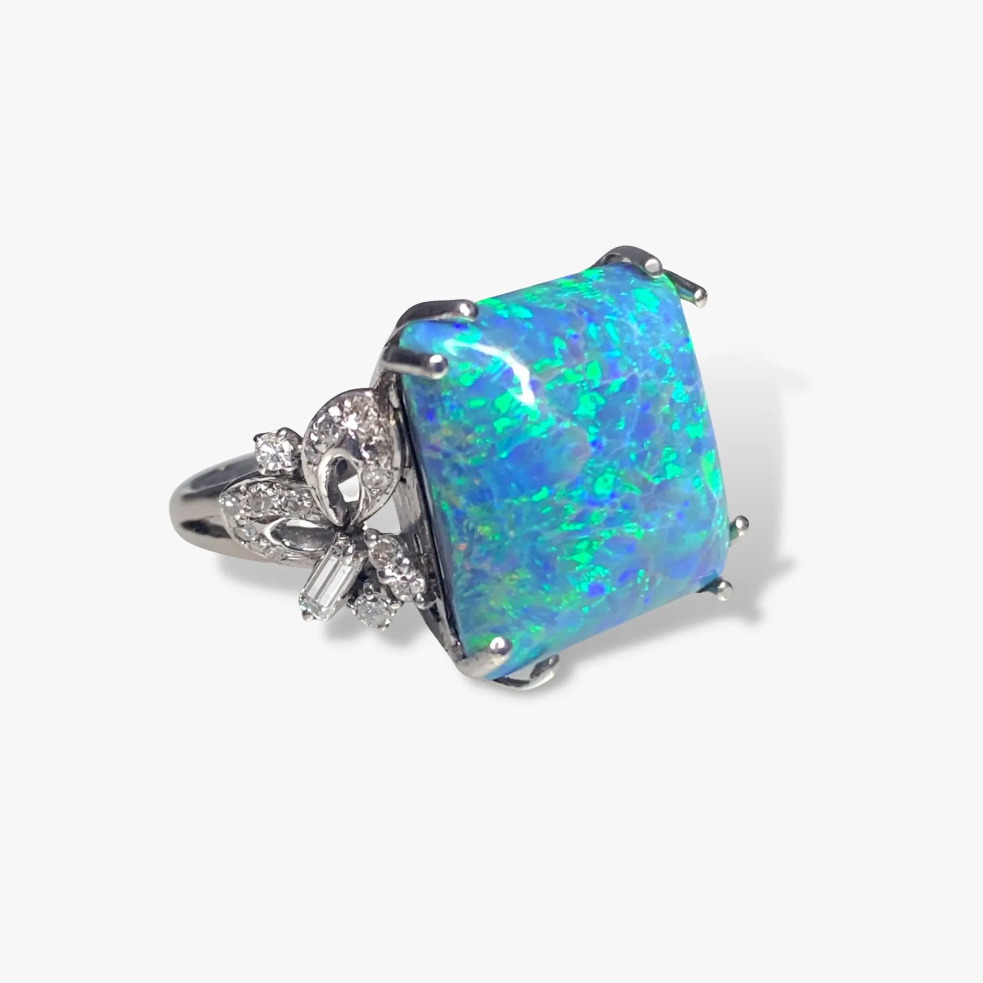 14k White Gold Cushion-Shaped Black Opal Diamond Ring