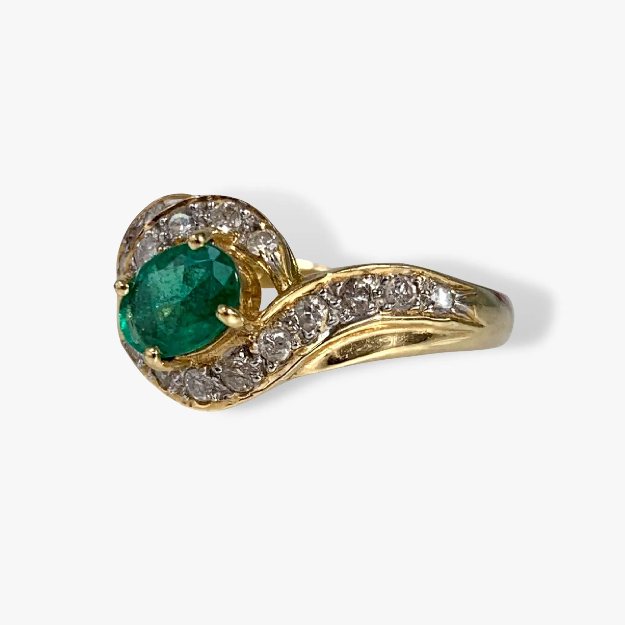 14k Yellow Gold Oval Emerald and Round Diamond Vintage Ring