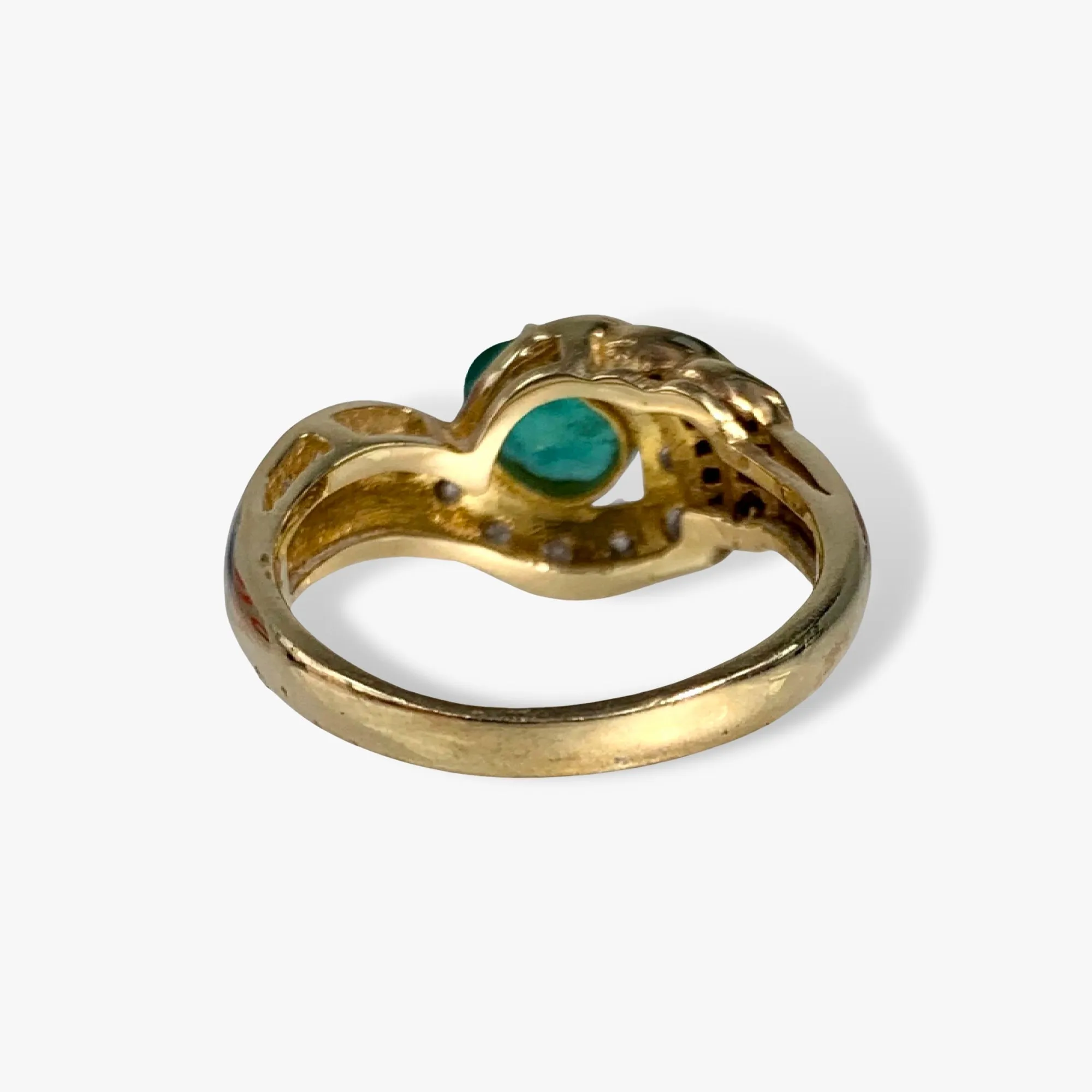 14k Yellow Gold Oval Emerald and Round Diamond Vintage Ring