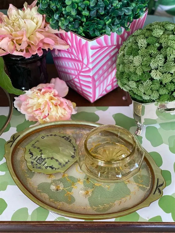 1930s antique celluloid Bakelite Green Vanity Set w/ flower stitched tray and powder jar