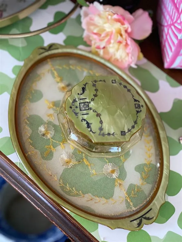 1930s antique celluloid Bakelite Green Vanity Set w/ flower stitched tray and powder jar
