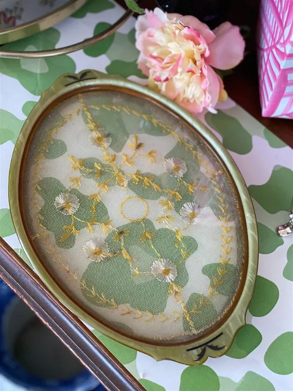 1930s antique celluloid Bakelite Green Vanity Set w/ flower stitched tray and powder jar
