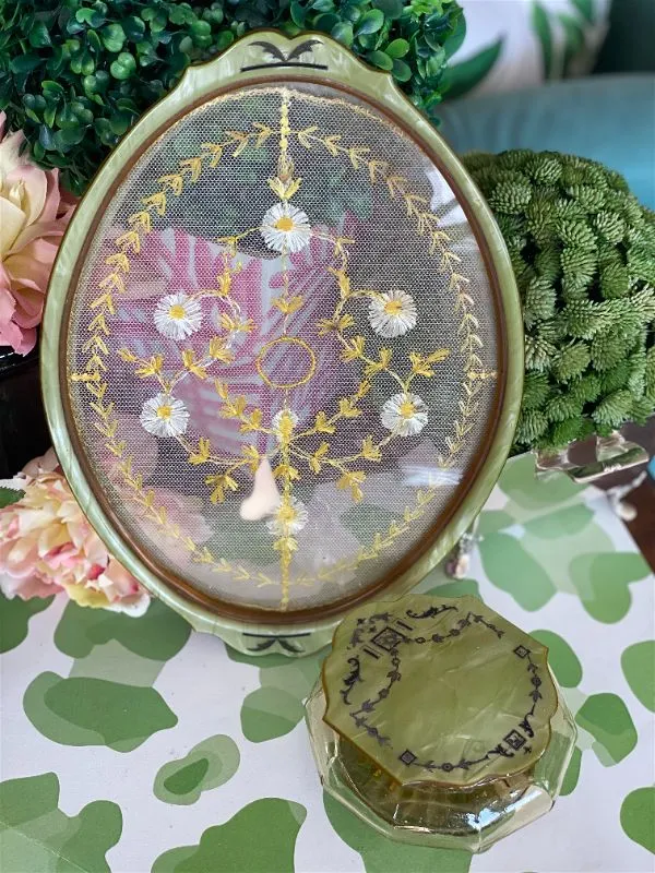 1930s antique celluloid Bakelite Green Vanity Set w/ flower stitched tray and powder jar