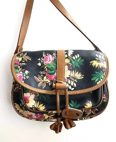 1980s KENZO FLORAL CROSS LEATHER SHOULDER BAG