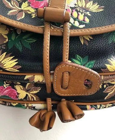 1980s KENZO FLORAL CROSS LEATHER SHOULDER BAG
