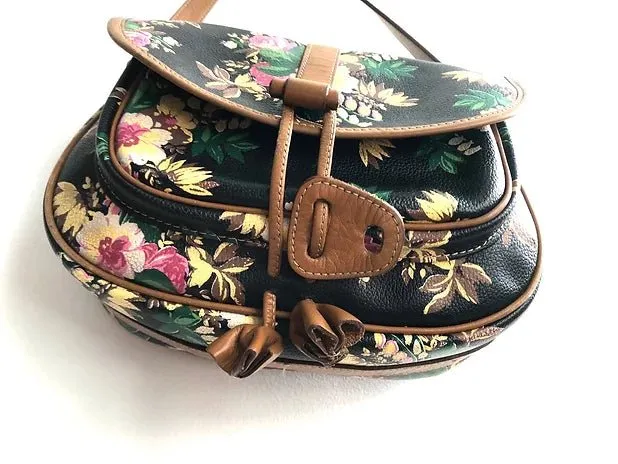 1980s KENZO FLORAL CROSS LEATHER SHOULDER BAG