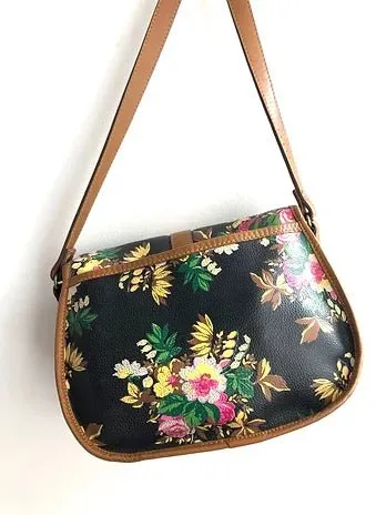 1980s KENZO FLORAL CROSS LEATHER SHOULDER BAG