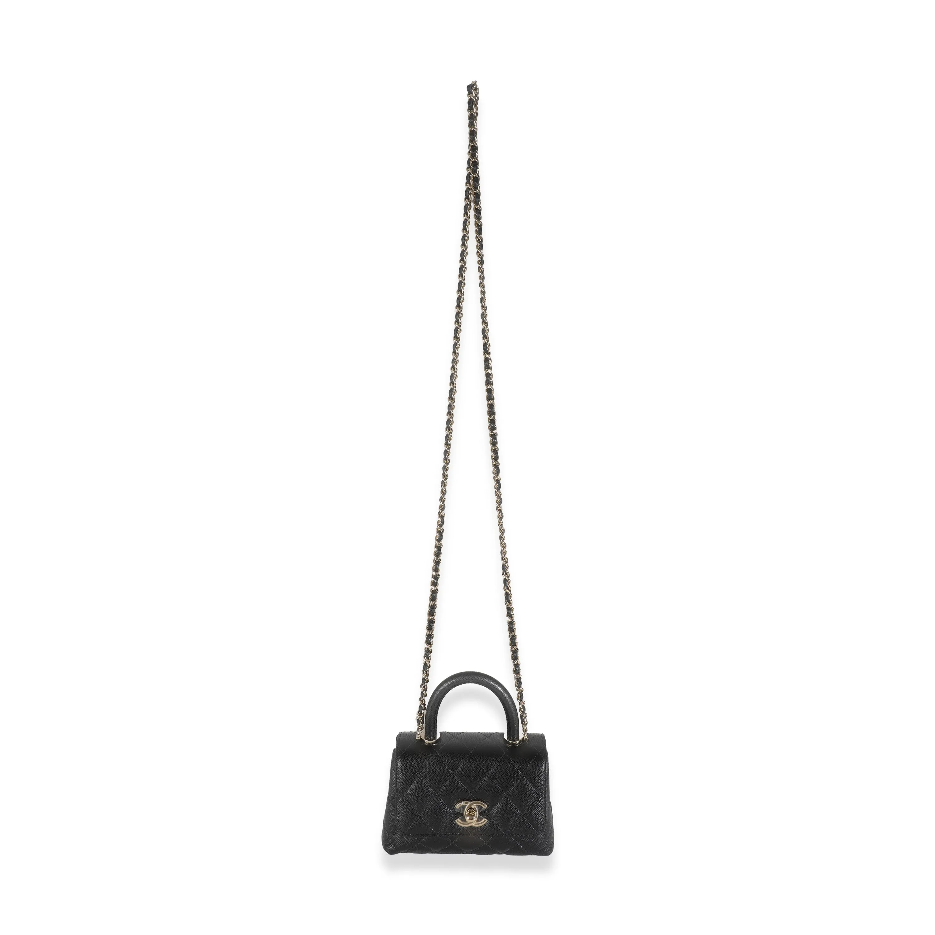 24K Black Quilted Caviar Extra Mini Coco Top Handle Handbag