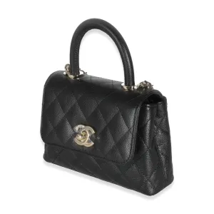 24K Black Quilted Caviar Extra Mini Coco Top Handle Handbag