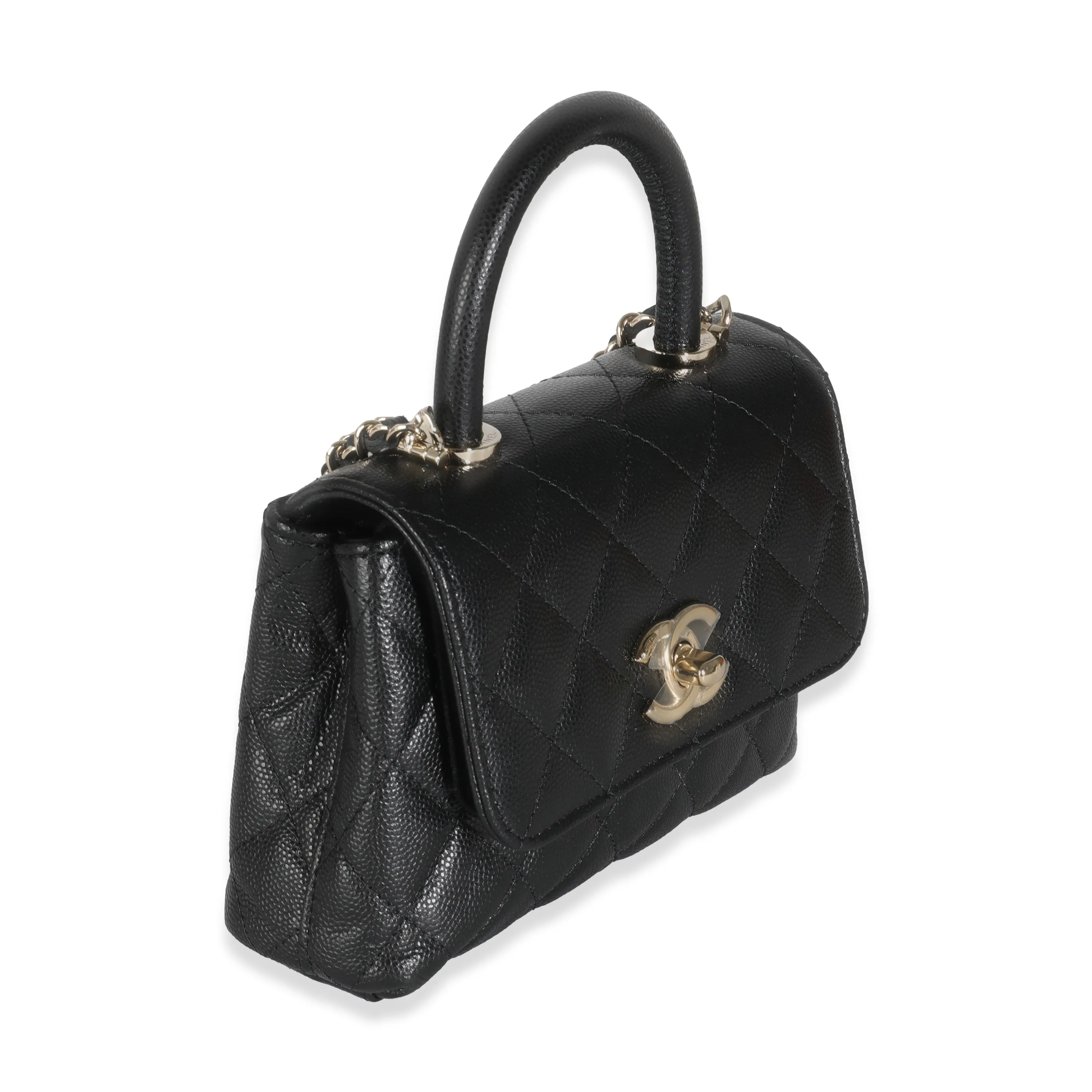 24K Black Quilted Caviar Extra Mini Coco Top Handle Handbag