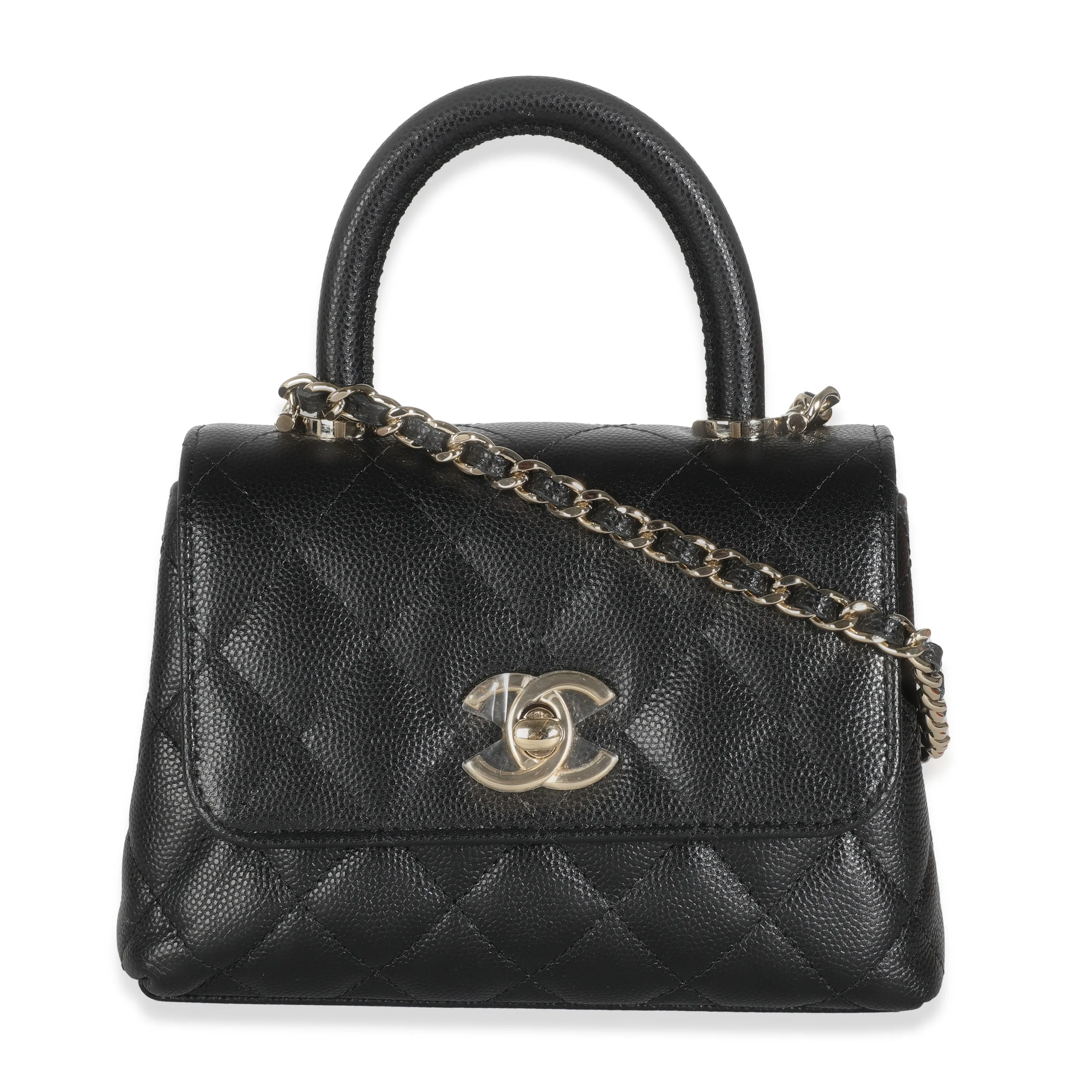 24K Black Quilted Caviar Extra Mini Coco Top Handle Handbag