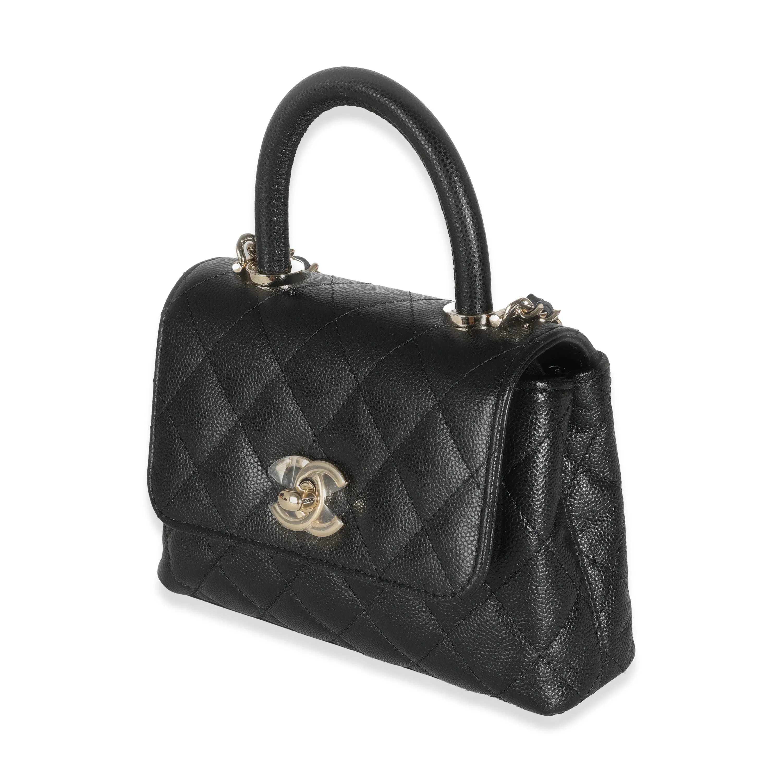 24K Black Quilted Caviar Extra Mini Coco Top Handle Handbag