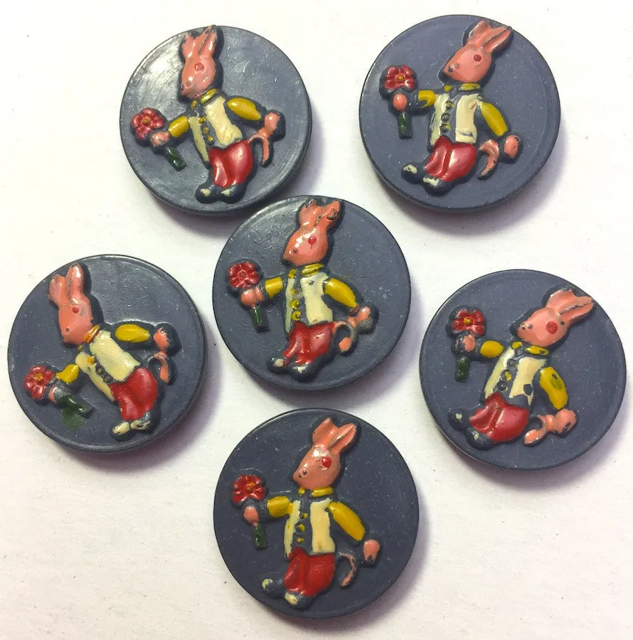 6 Vintage Italian Rabbit 2cm Hand Painted Buttons - Grey Background
