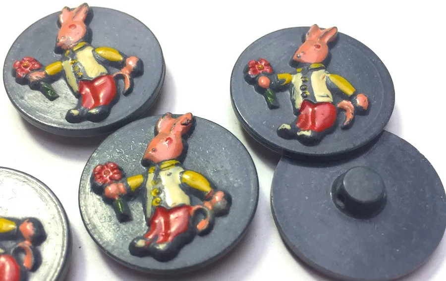6 Vintage Italian Rabbit 2cm Hand Painted Buttons - Grey Background
