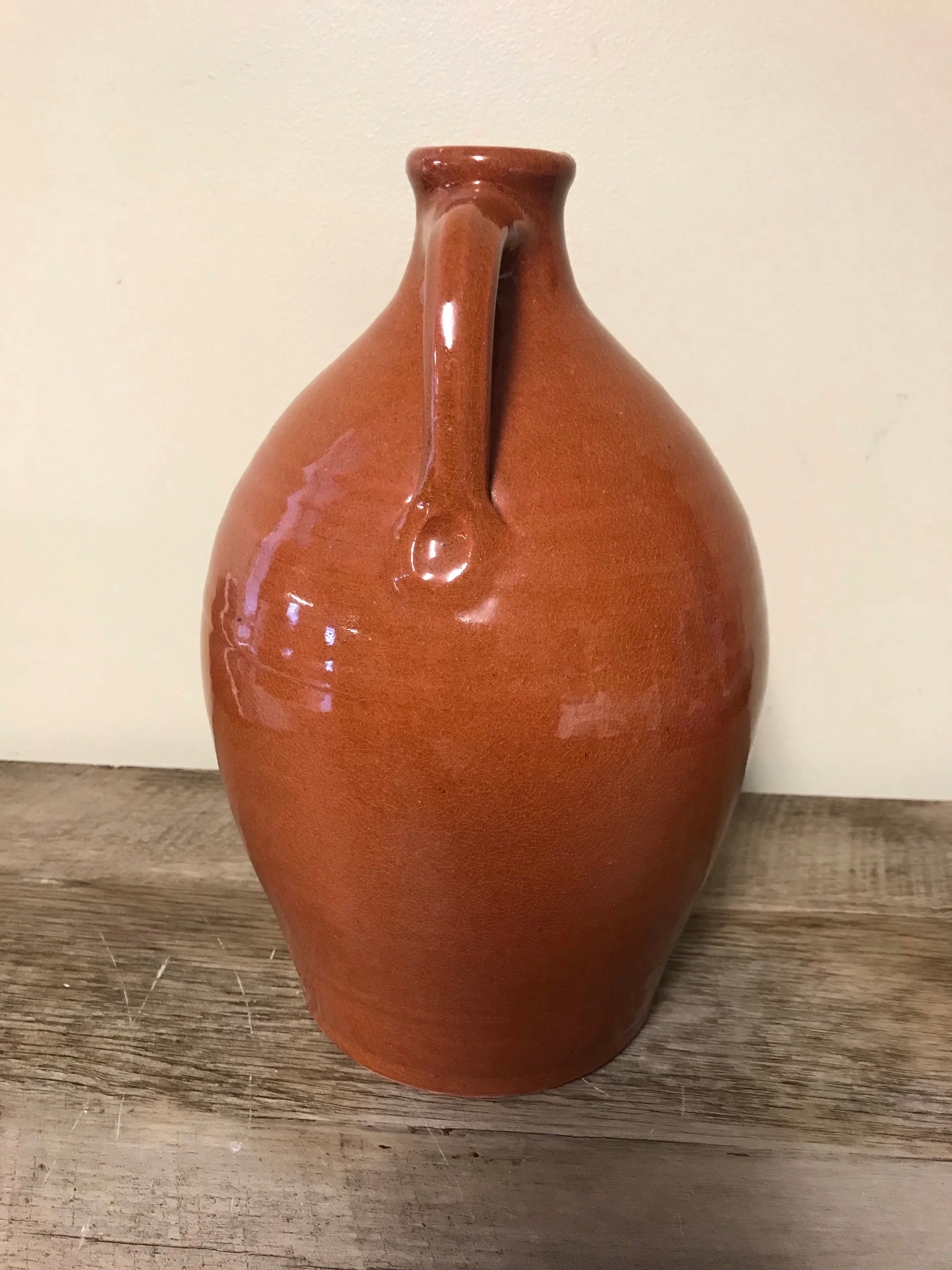 €a** Vintage Brown Glazed 10.5” Pottery Jug Finger Loop Handle
