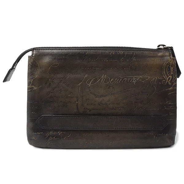Berluti Men's Calligraphy Tersio Double Zipper Clutch Bag Brown