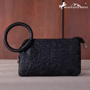 Black Floral Tooled Ring Handle Wristlet Clutch Bag - MW1260-B181BK