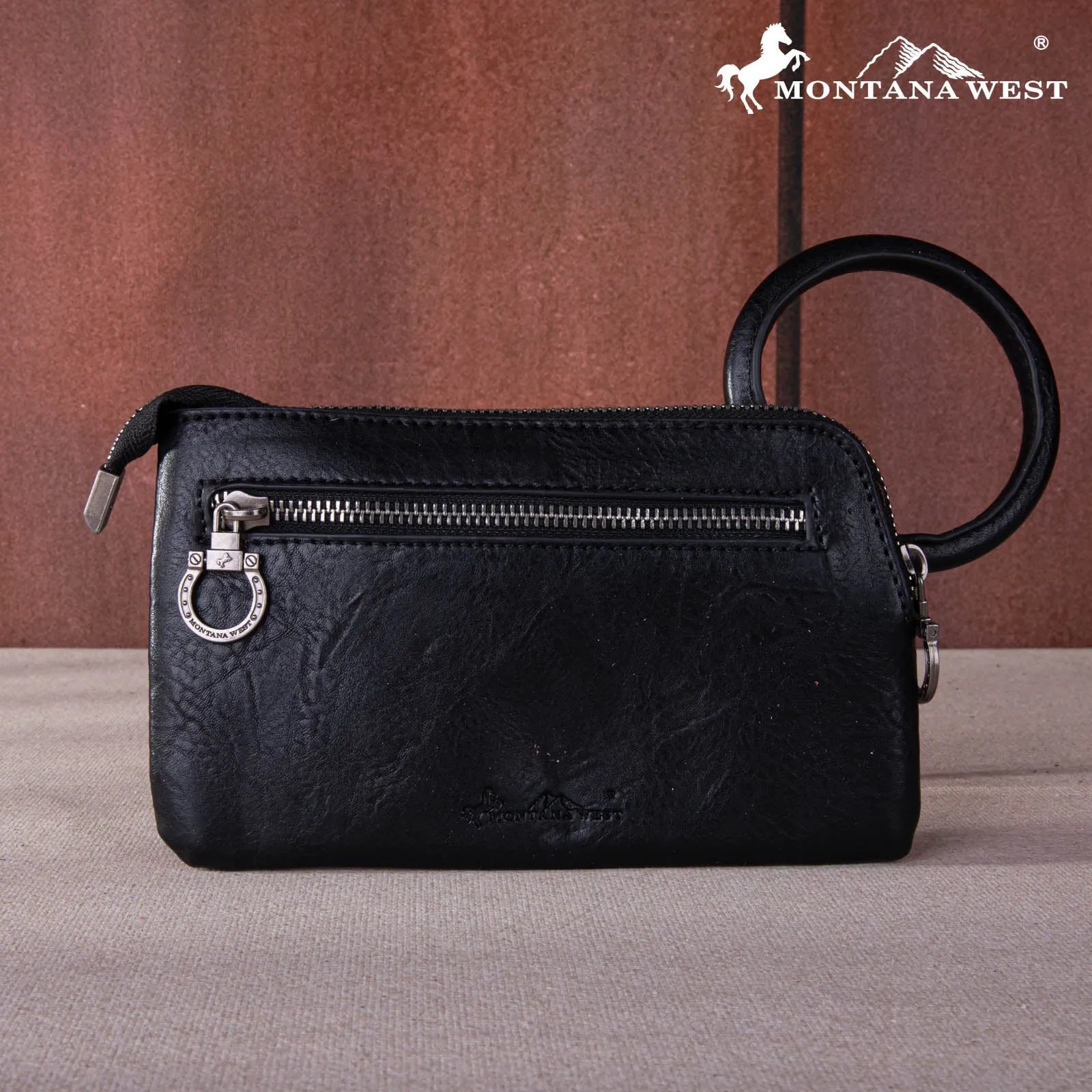 Black Floral Tooled Ring Handle Wristlet Clutch Bag - MW1260-B181BK