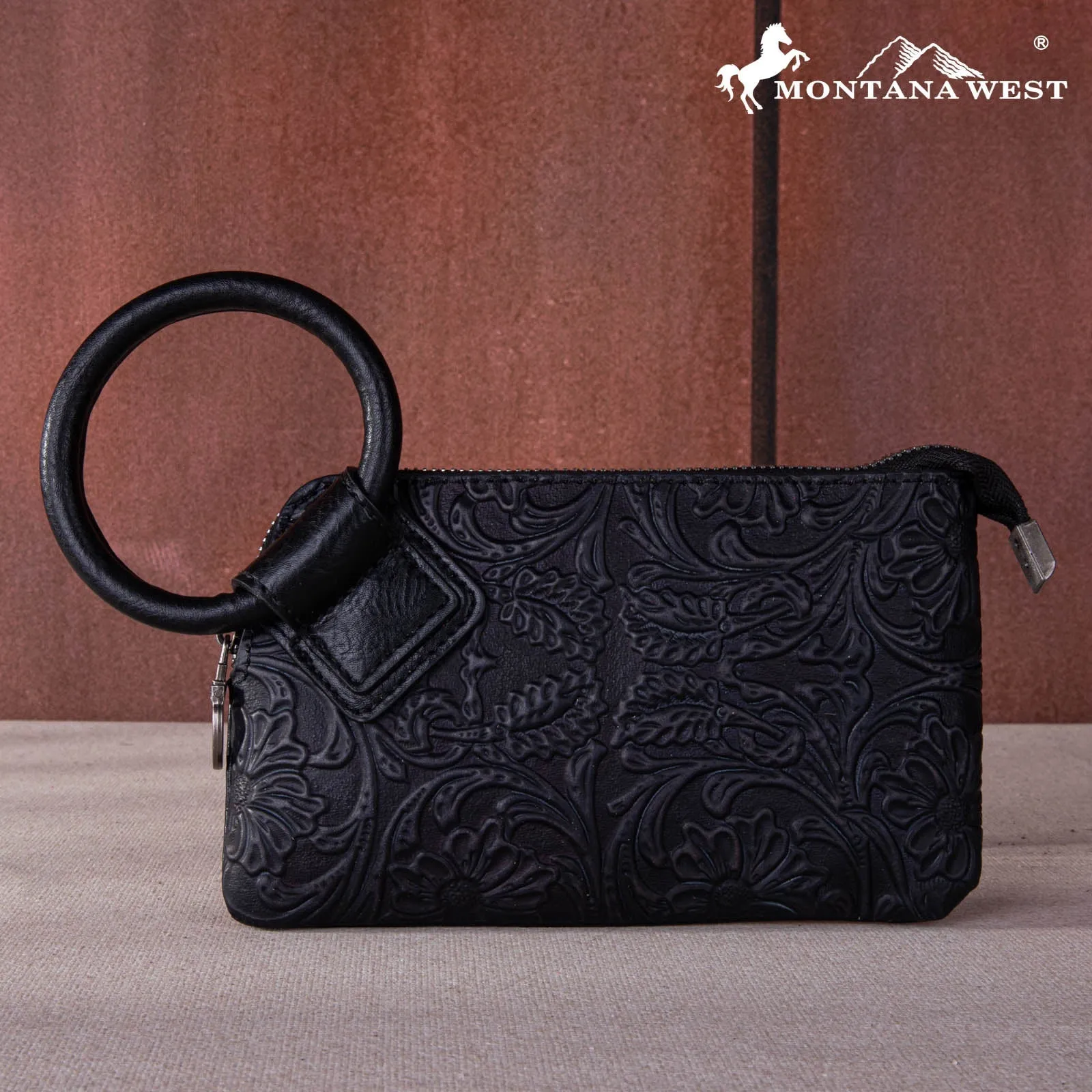 Black Floral Tooled Ring Handle Wristlet Clutch Bag - MW1260-B181BK