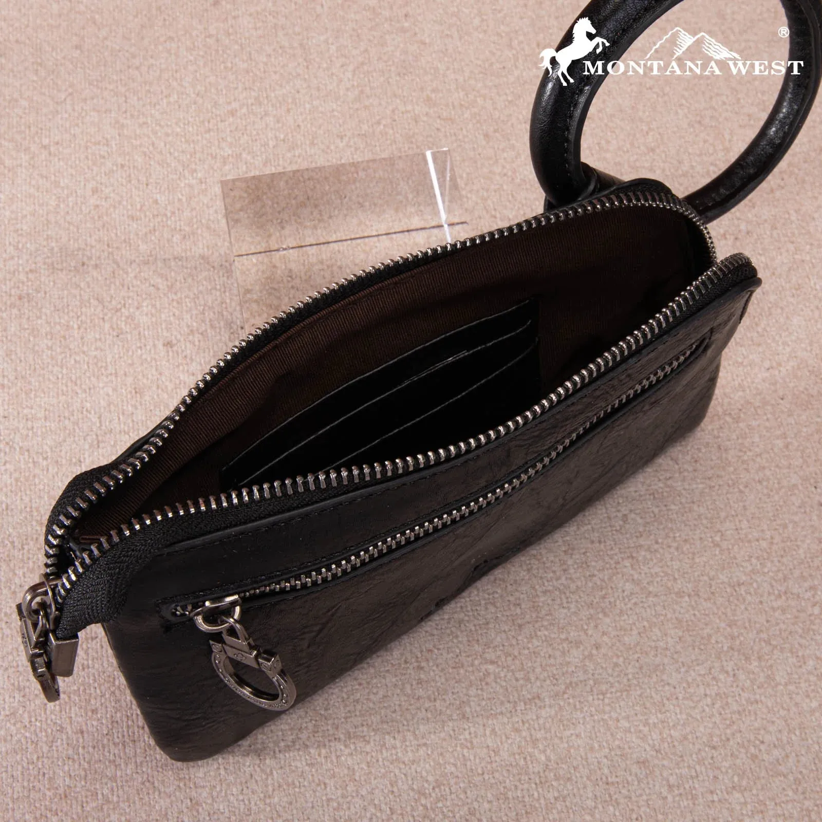Black Floral Tooled Ring Handle Wristlet Clutch Bag - MW1260-B181BK