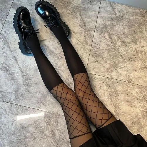 Black Grid Pattern Stockings Female Knee Socks