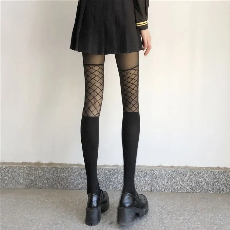 Black Grid Pattern Stockings Female Knee Socks