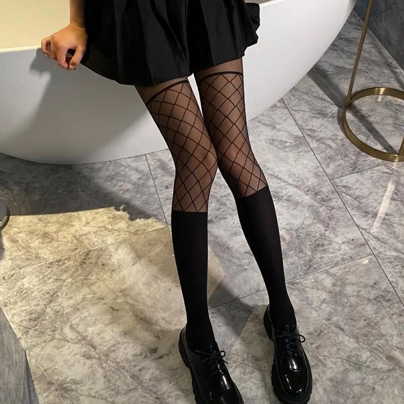 Black Grid Pattern Stockings Female Knee Socks