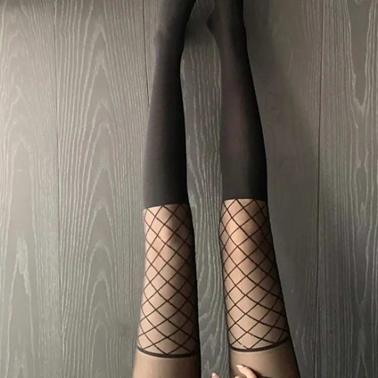 Black Grid Pattern Stockings Female Knee Socks