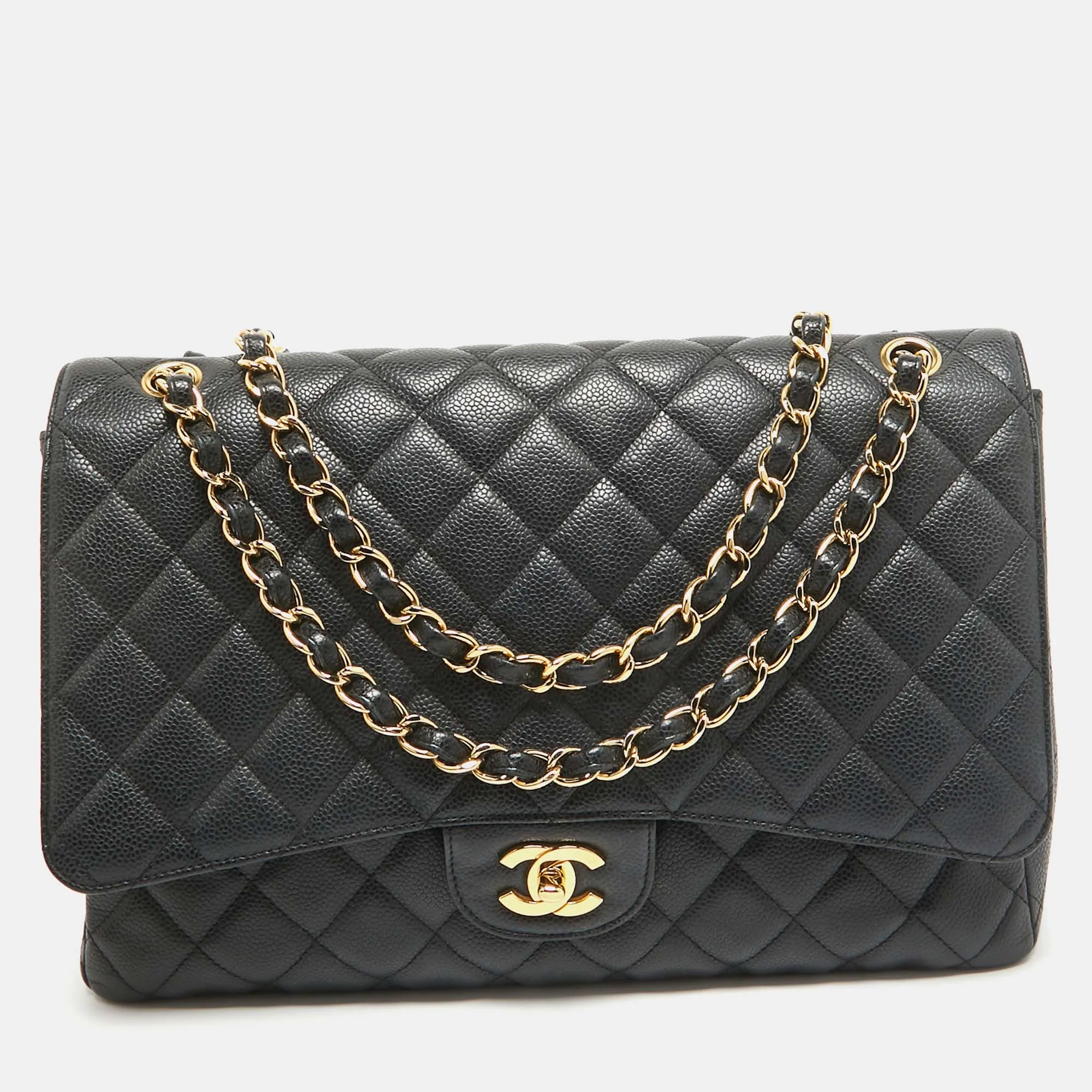 Black Quilted Caviar Leather Maxi Classic Single Flap Bag