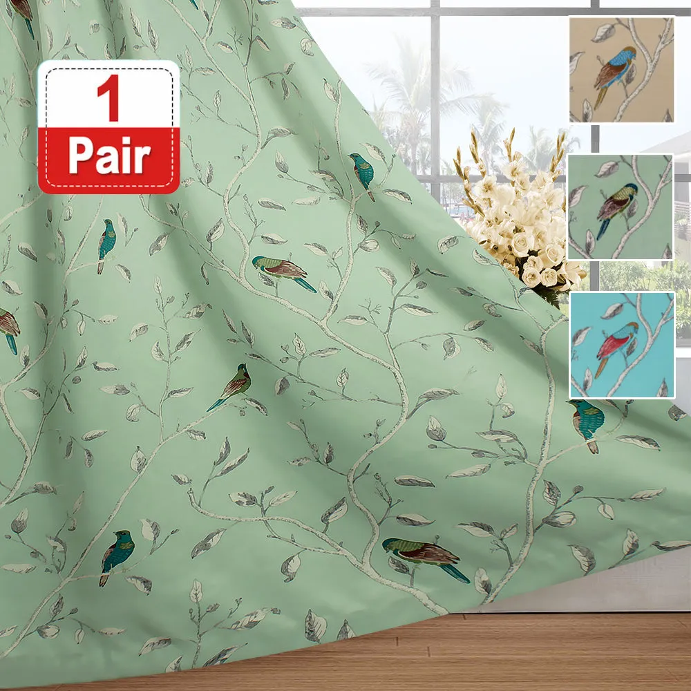 Blockout Curtains Living Room Birds Printed Vintage Curtain Draperies Thick Soft