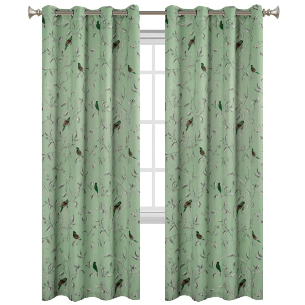 Blockout Curtains Living Room Birds Printed Vintage Curtain Draperies Thick Soft