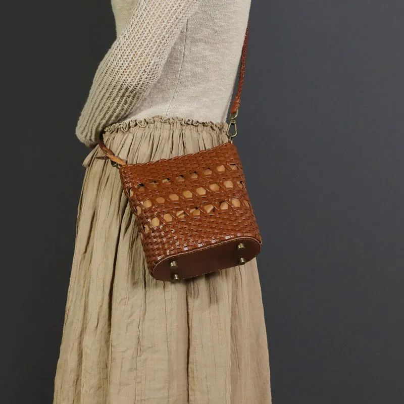Boho Womens Woven Leather Crossbody Bag Brown Shoulder Bag