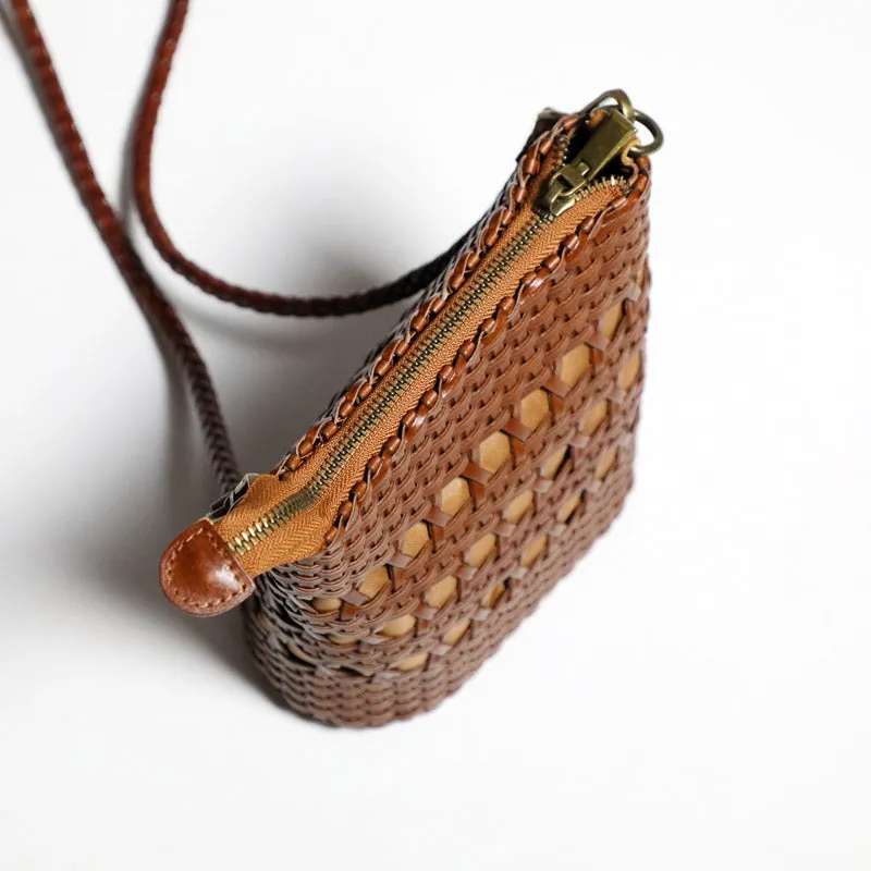Boho Womens Woven Leather Crossbody Bag Brown Shoulder Bag