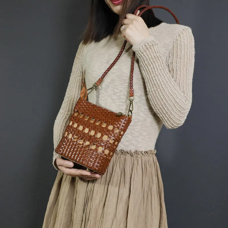 Boho Womens Woven Leather Crossbody Bag Brown Shoulder Bag
