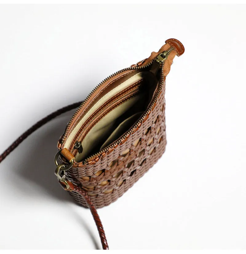 Boho Womens Woven Leather Crossbody Bag Brown Shoulder Bag