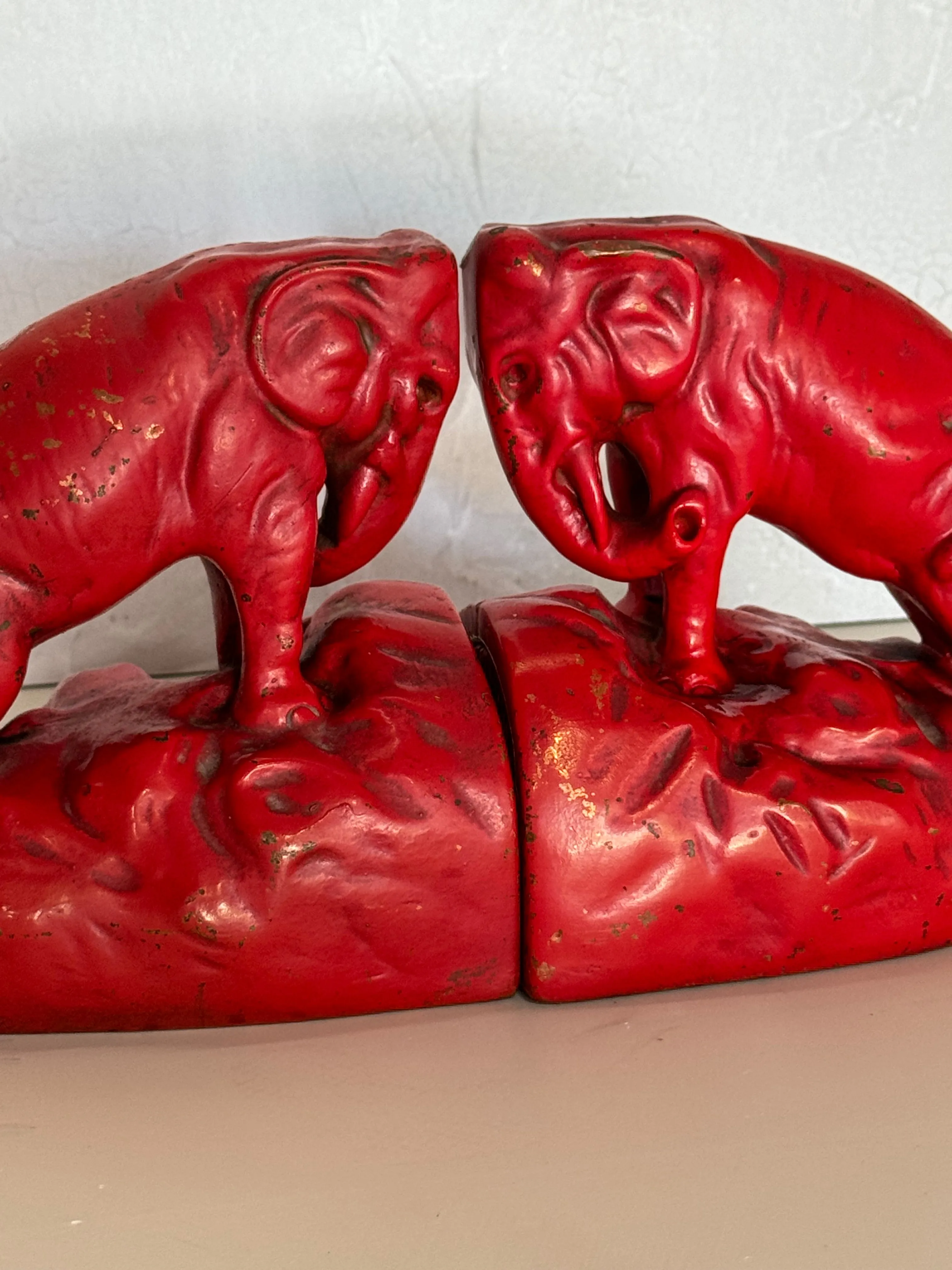 Bronze 1920s Charging Red Elephants Bookends