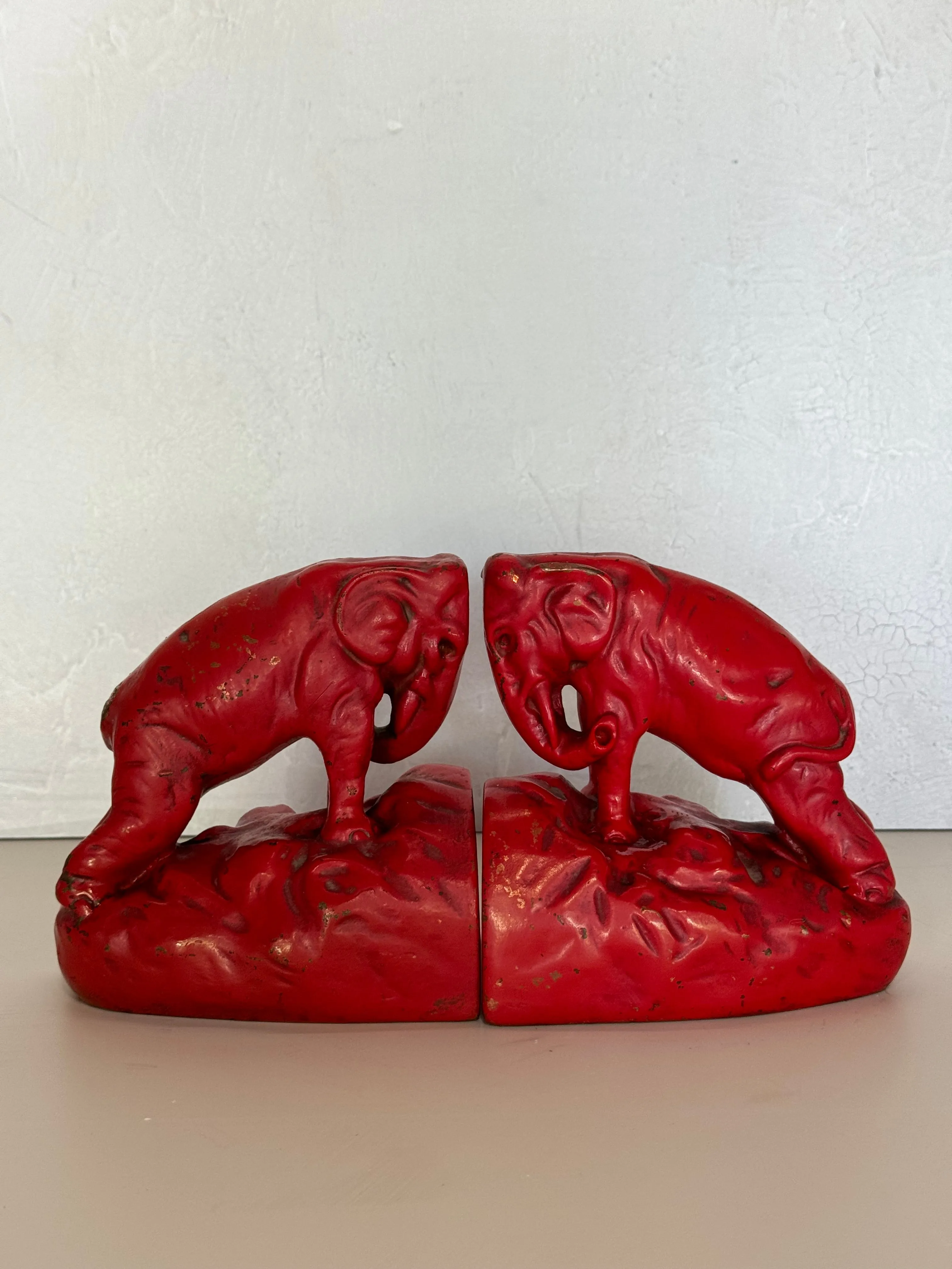 Bronze 1920s Charging Red Elephants Bookends