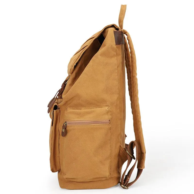 Canvas Leather Women Mens 14" Khaki Travel Backpack Green Computer Bag College Backpack for Men