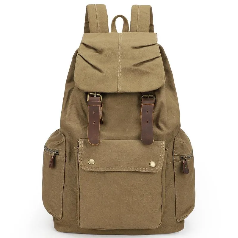 Canvas Leather Women Mens 14" Khaki Travel Backpack Green Computer Bag College Backpack for Men